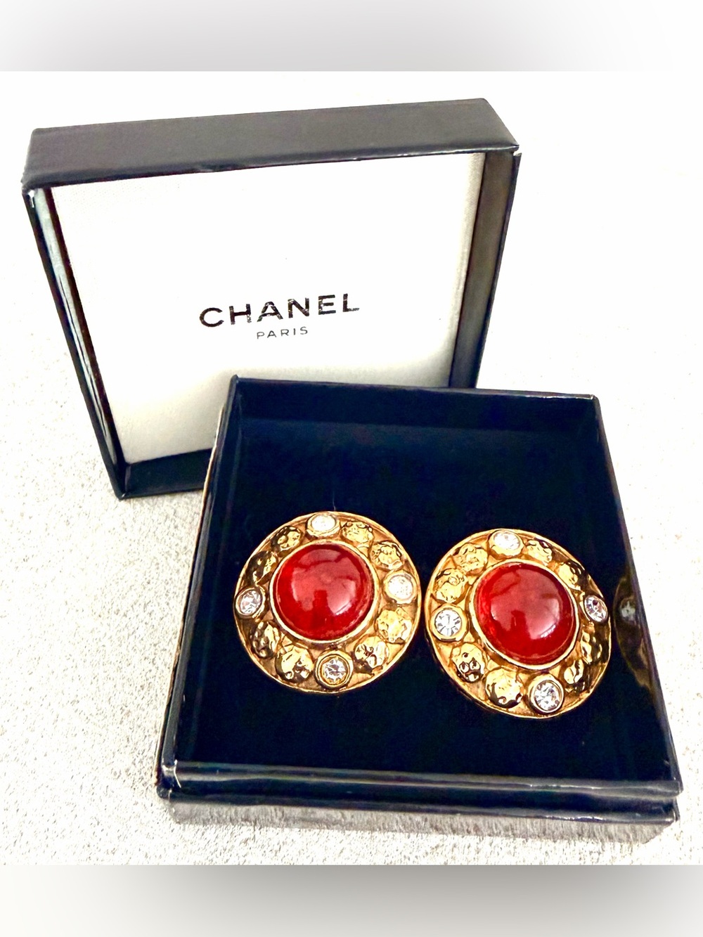 CHANEL Vintage Red Gripoix Crystal Gold Clip-On Earrings 1.25”